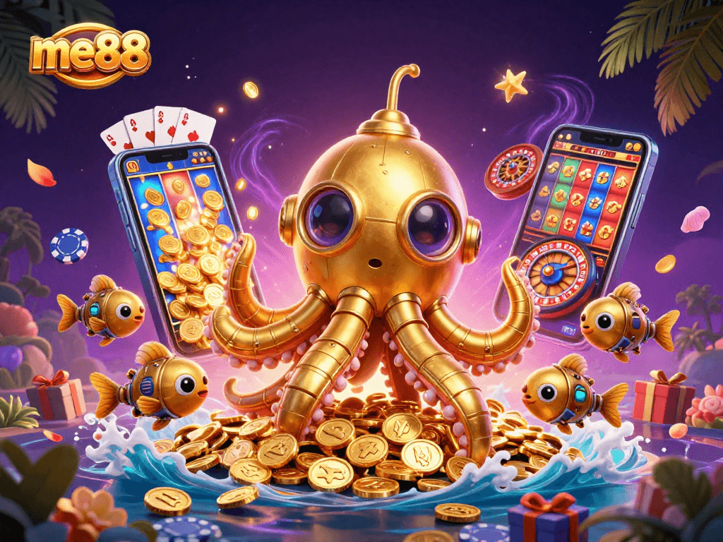 Win real cash at me88, where a golden kraken submarine rises in a sea of coins.