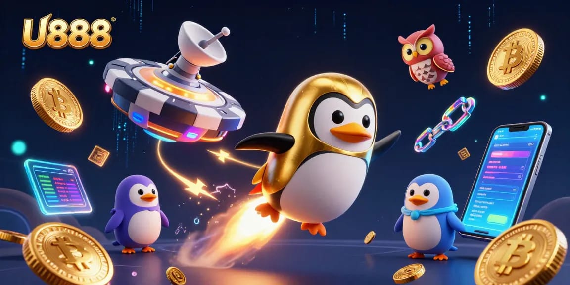 Experience U888's thrilling crypto casino adventure with a golden penguin soaring towards exciting games!