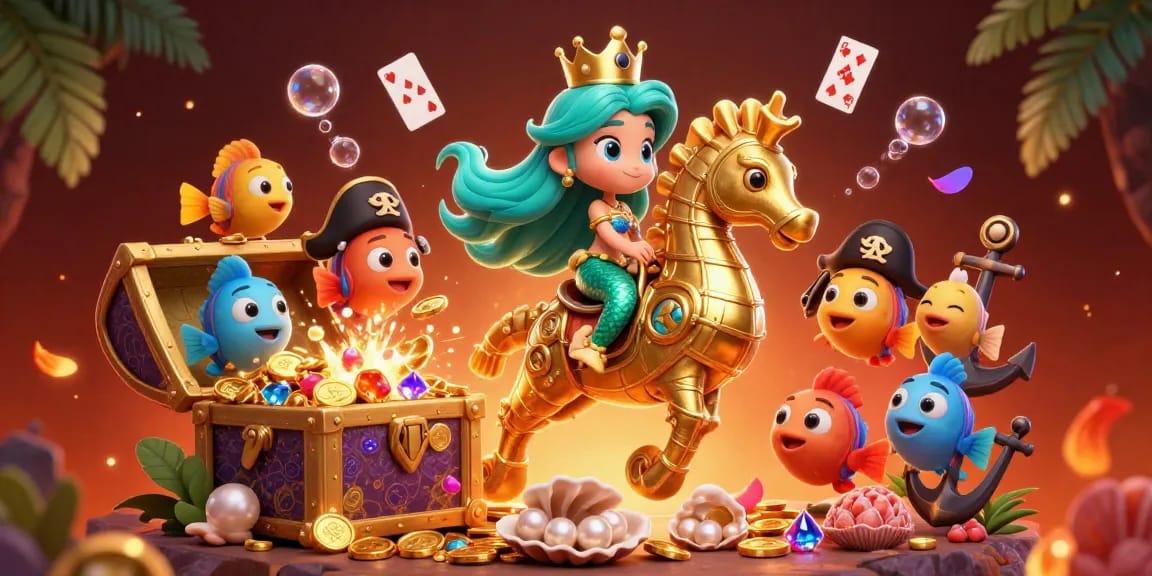 K88 casino scene with a mermaid and seahorse amidst treasure and cards, showcasing gaming excitement.