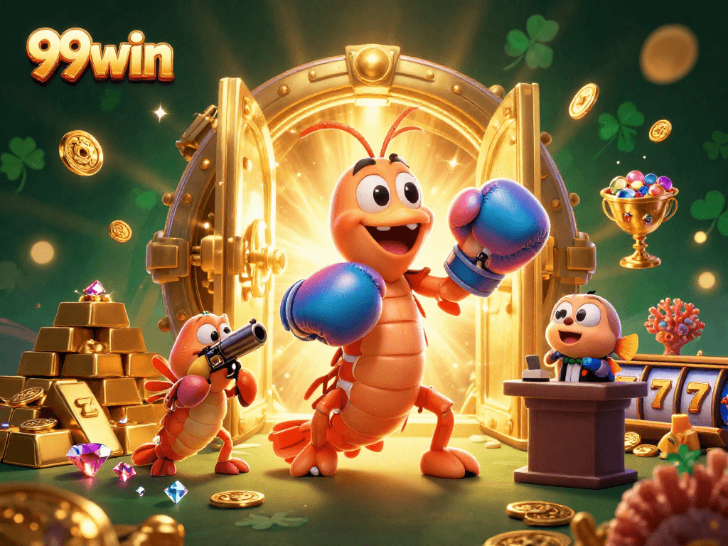 Engage with the lively casino atmosphere of 99win featuring animated characters and dynamic slot elements.