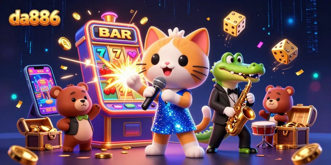 Engage with da886's immersive casino scene featuring vibrant characters amidst dynamic gaming elements.