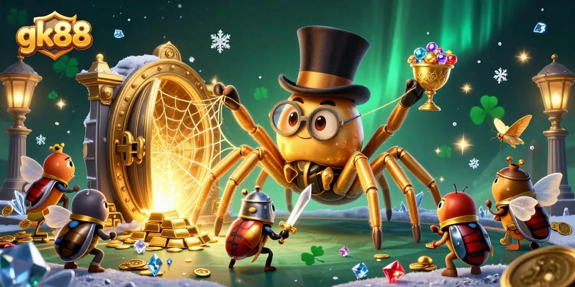 Engage with gk88's gambling adventures featuring a golden tarantula and a knight in a vibrant casino setting.