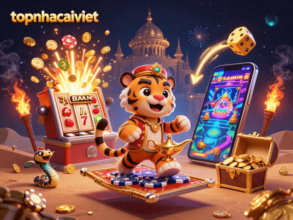 Experience thrilling wins at topnhacaiviet with our magical Arabian Nights-themed casino illustration.