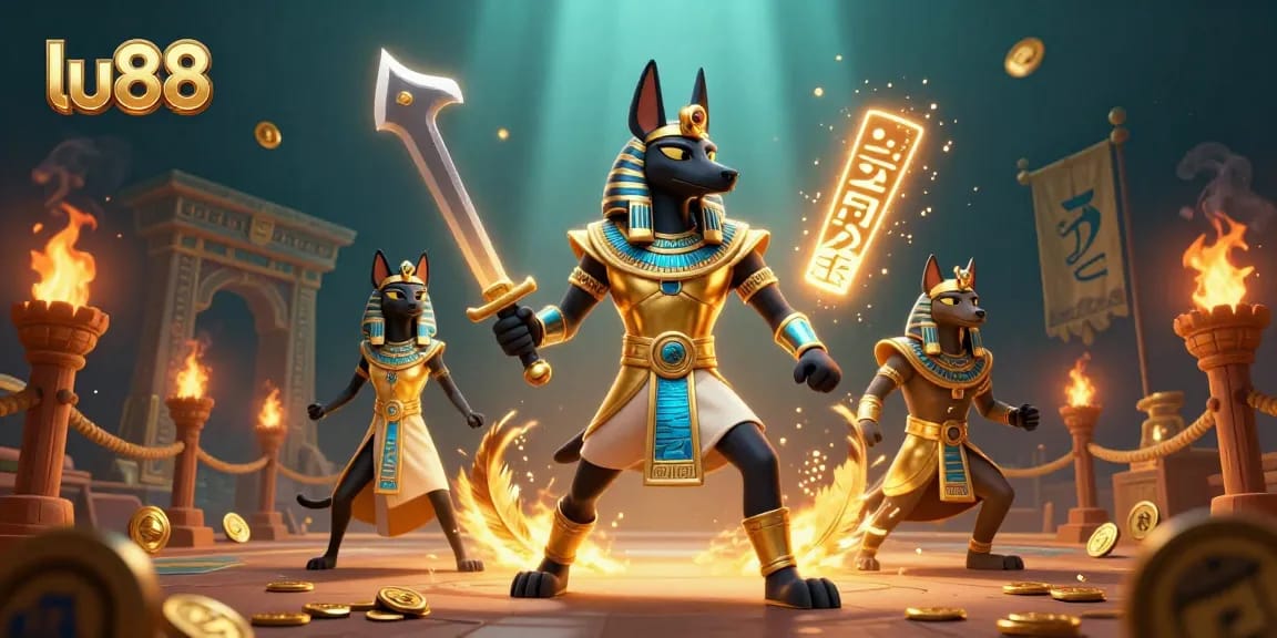 Experience thrilling gameplay at lu88 with Anubis and Bastet amidst a vibrant casino scene.