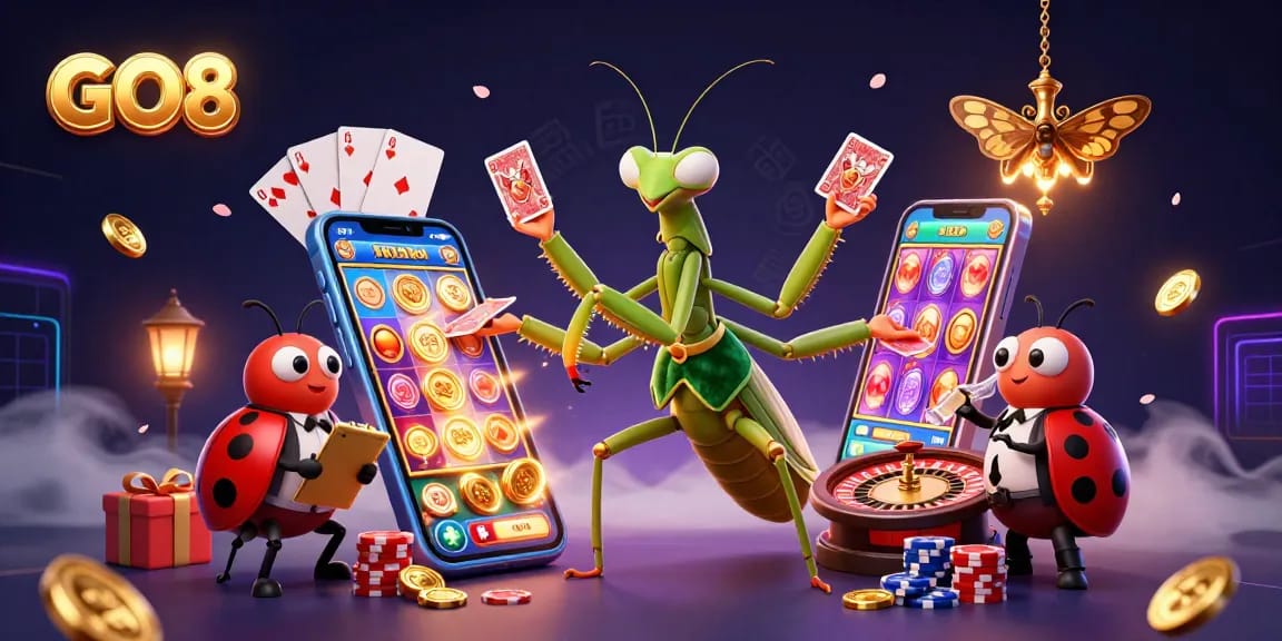 Engage in thrilling gameplay with GO8 as the mantis dealer showcases casino excitement.