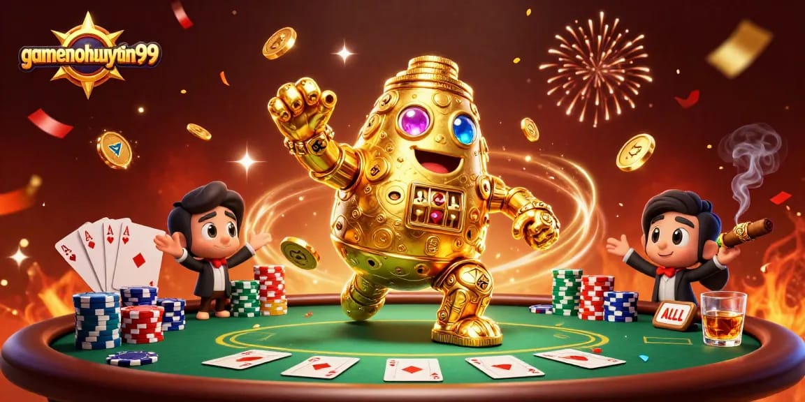 Experience thrilling poker action at gamenohuuytin99 with a lively 3D illustration of gaming excitement.
