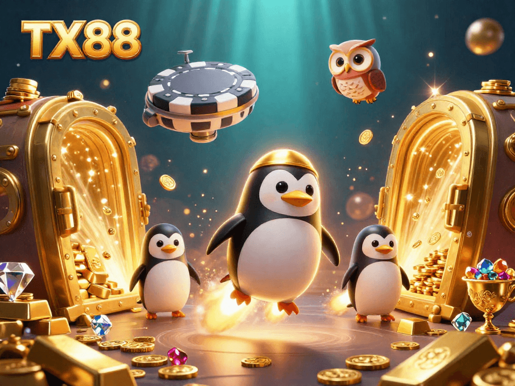 TX88 casino adventure with a golden penguin, treasure vaults, and shimmering gems.