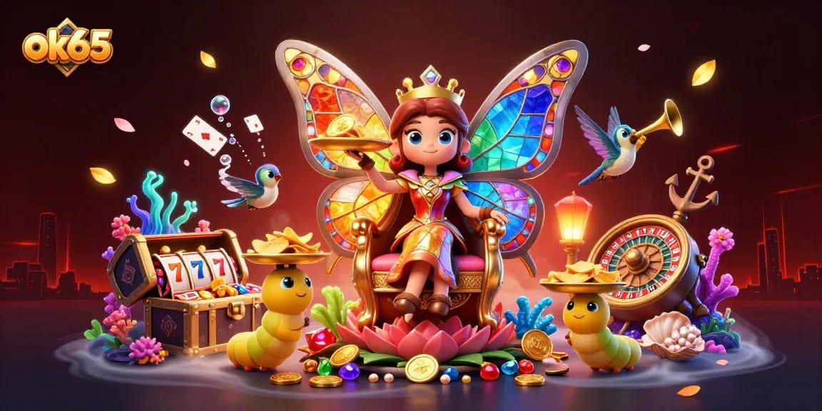 Experience the enchanting world of ok65 with a vibrant casino theme, featuring a butterfly queen among slots and chips.