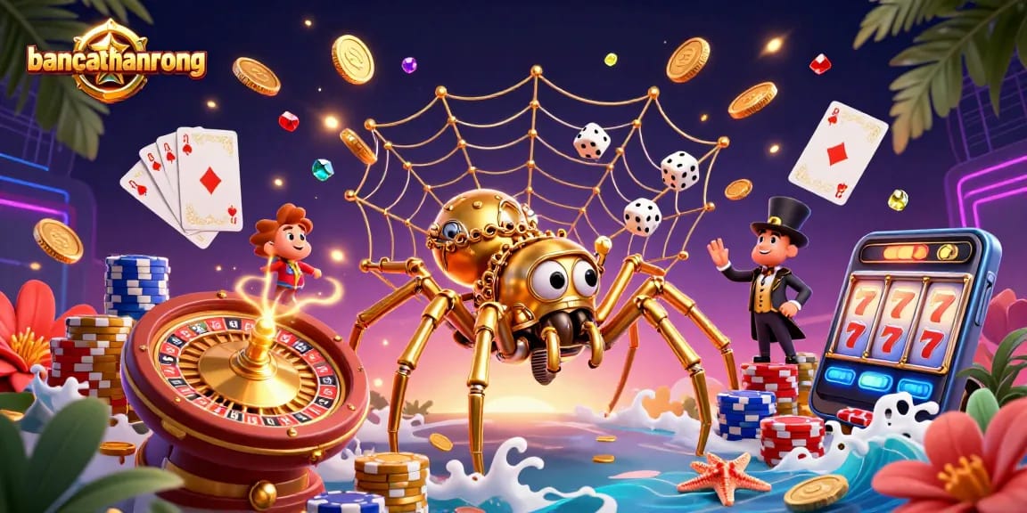 Bancathanrong features a steampunk spider and a fly gentleman amid rich casino elements like coins and roulette.