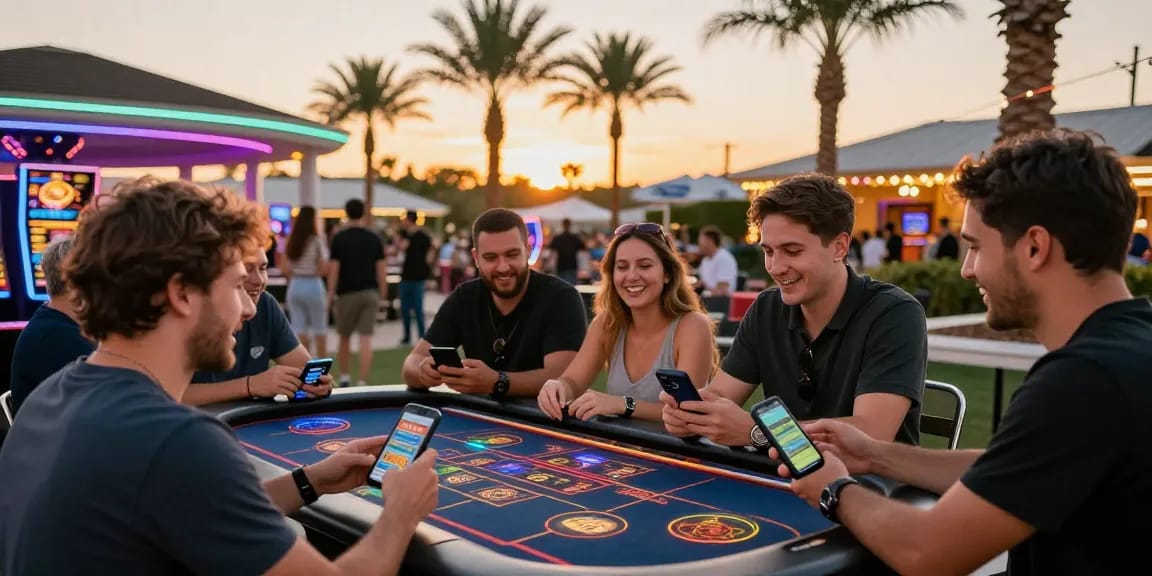Exciting outdoor scene of people engaging with KO66 app at sunset, enjoying gaming and social interaction.