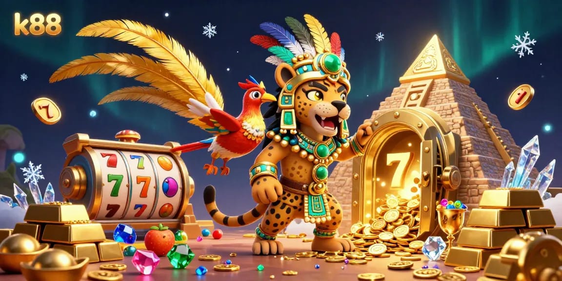 Engage with the thrilling world of k88, featuring colorful slot elements amidst a rich Mayan-themed scene.