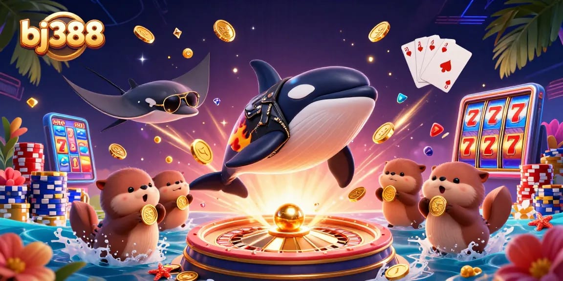 Engage with bj388's thrilling gameplay featuring an orca whale and sea otters amidst golden coins.