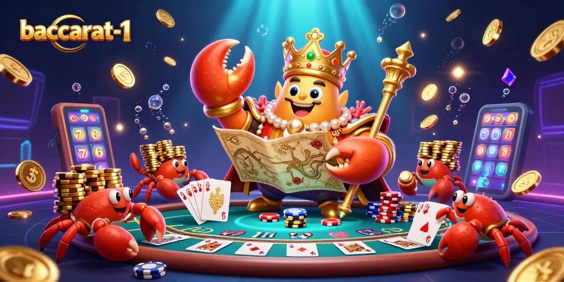 Baccarat-1 showcases a golden crab emperor presiding over a dynamic casino scene with treasures and gaming elements.