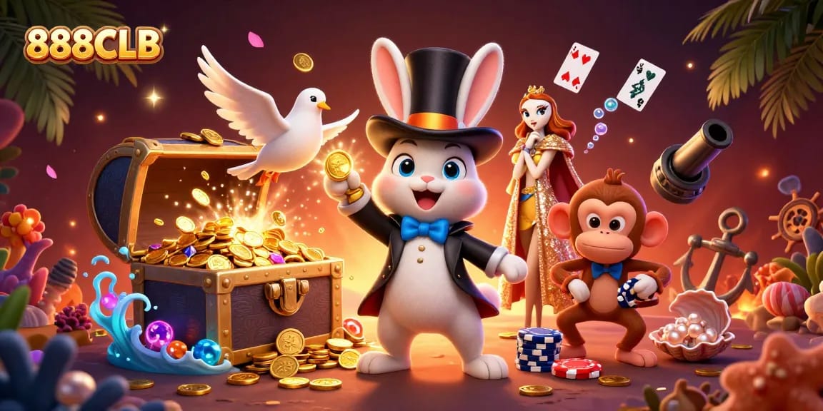 Win big at 888CLB with colorful casino-themed elements in this festive illustrated scene.