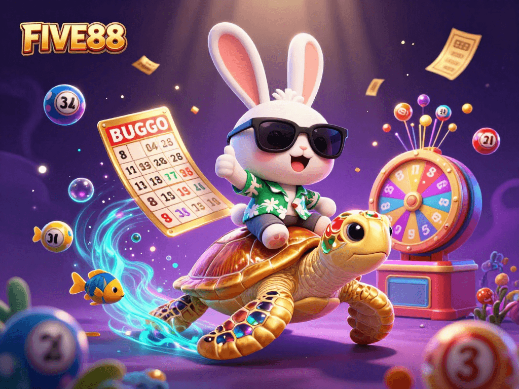 Experience the thrill of FIVE88 with a lively illustration of a lucky rabbit and golden turtle in a vibrant casino scene.