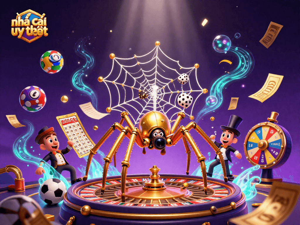 Catching lucky bets at nhà cái uy tín with a steampunk spider and dynamic sports elements.