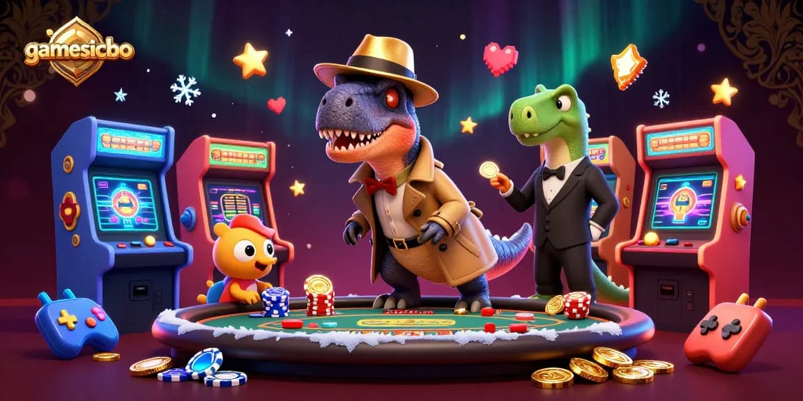 Experience the thrill of gamesicbo with a velociraptor card counter and more in this vibrant scene.