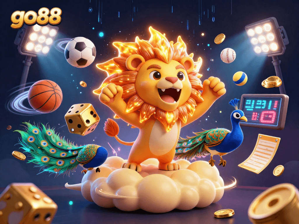 Engage with go88's vibrant 3D scene showcasing sports betting excitement with dynamic elements.