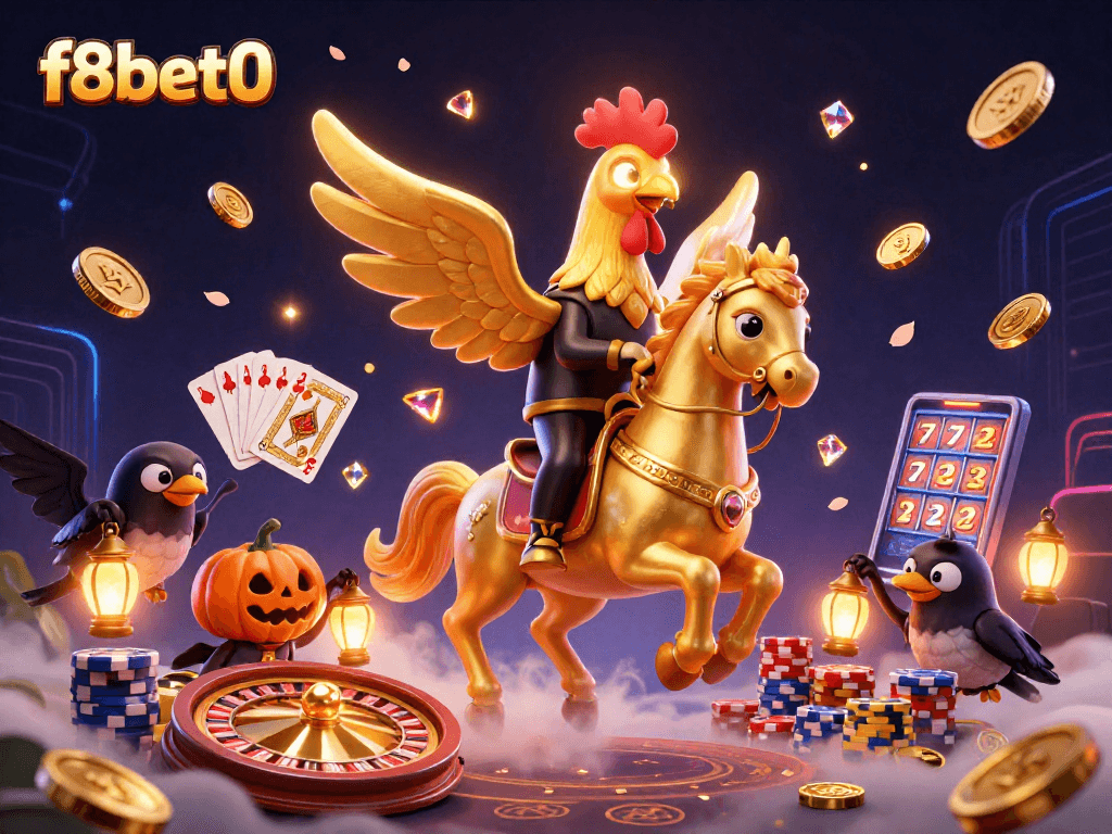 Experience thrilling moments at f8bet0 with a golden rooster in a lively casino setting.