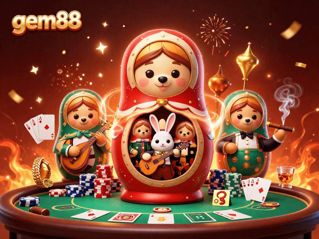 Experience the vibrant gem88 casino scene with cartoon bears, poker elements, and confetti.