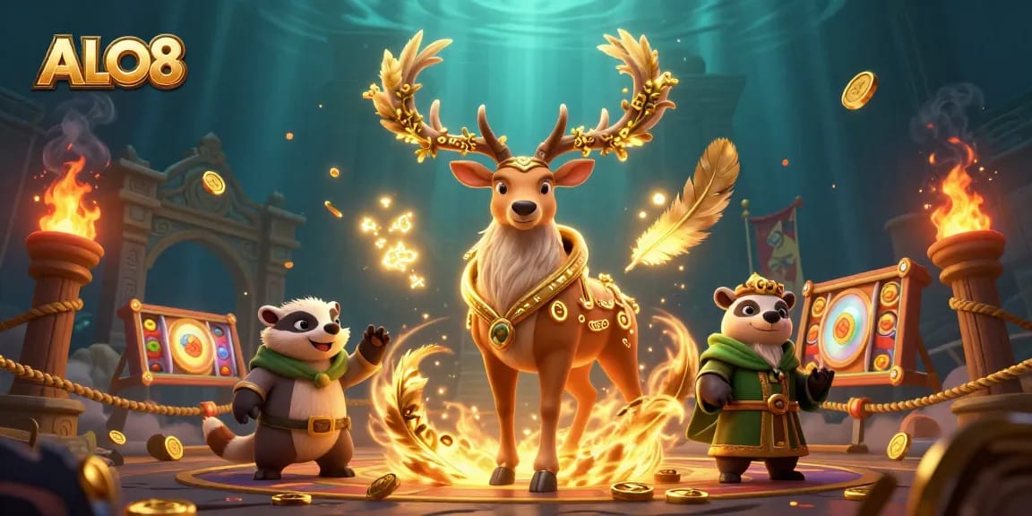 Engage with ALO8's vibrant 3D casino illustration showcasing slot elements and mystical characters.