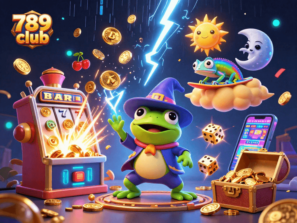 Experience the excitement of 789 club with a dynamic 3D illustration showcasing a wizard frog, vibrant characters, and casino elements.