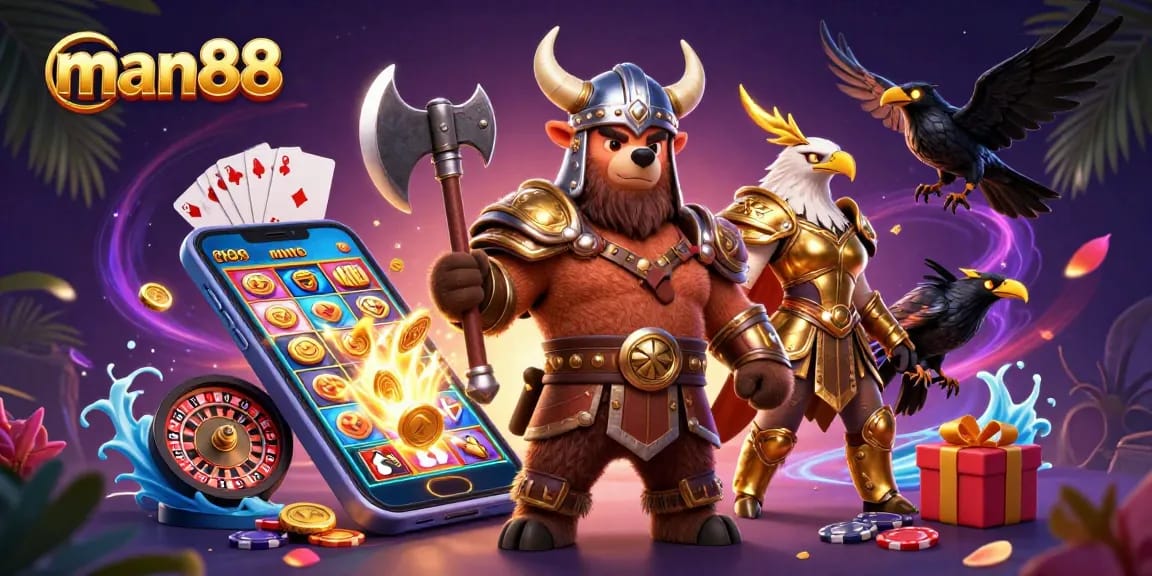 Engage with man88 casino games featuring a dynamic Viking bear and Valkyrie eagle.