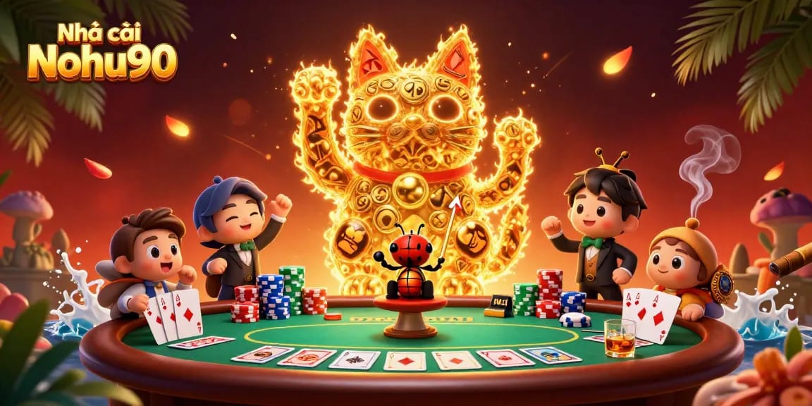 Experience the thrill of Nhà cái Nohu90 with a dynamic lucky cat and vibrant casino elements.