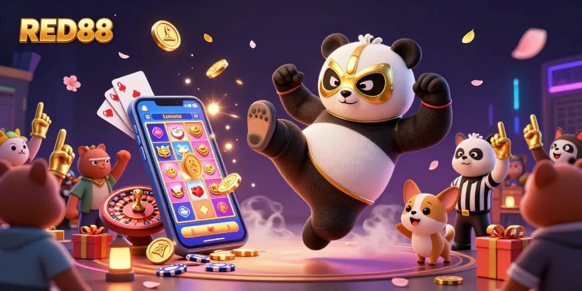 Engage in thrilling action with RED88 as a wrestler panda flies in the air amidst a vibrant casino scene.