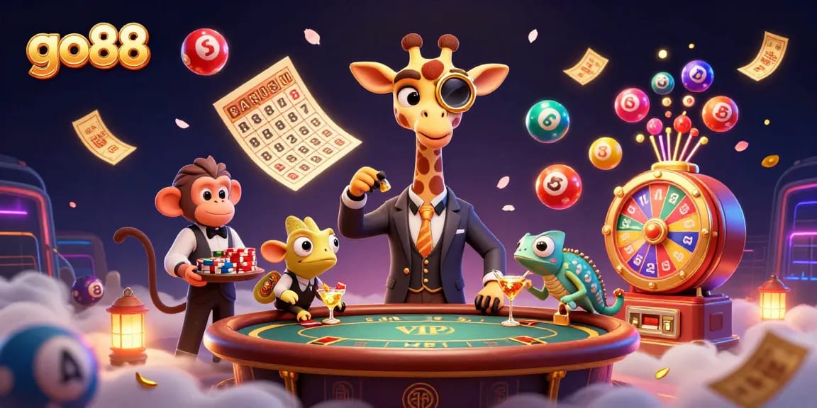 Engage in thrilling gameplay with go88 featuring a stylish giraffe at a poker table amidst vibrant lottery elements.