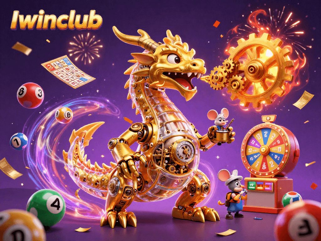 Iwinclub lottery excitement illustrated with a golden dragon and vibrant game elements.