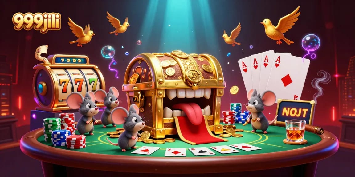 Engage with 999jili's vibrant 3D casino scene showcasing slots, poker, and thrilling treasures.