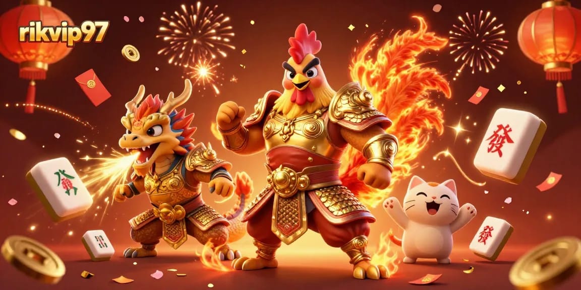 Experience big wins at rikvip97 with our energetic casino-themed illustration featuring a rooster warrior and dragon hatchling.