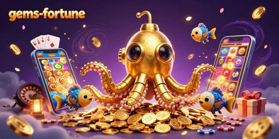 Experience gems-fortune excitement with golden kraken submarine and slot games in vibrant 3D illustration.