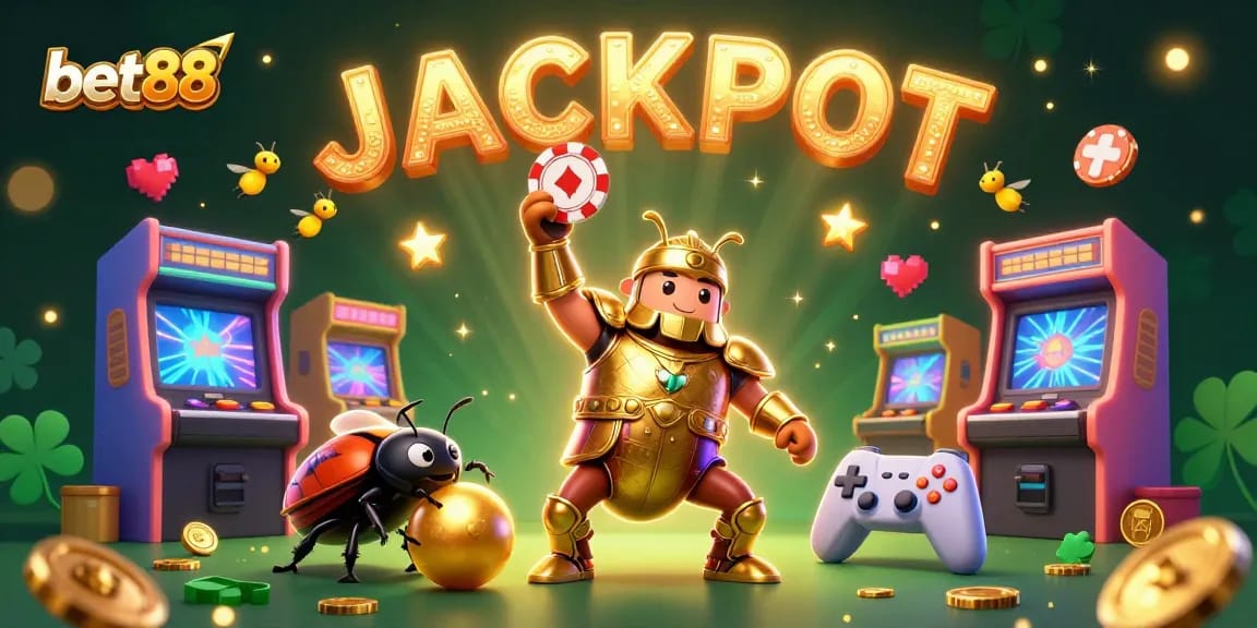 Win big at bet88 with a triumphant beetle champion and jackpot excitement in a colorful casino scene.
