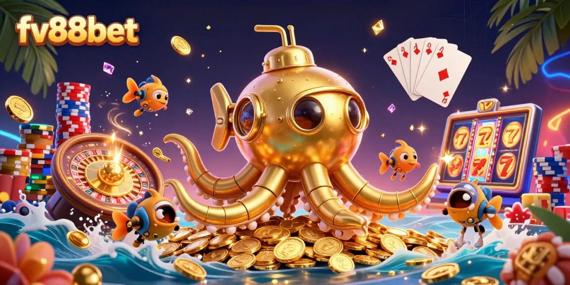 Experience the thrill of gaming at fv88bet with a vibrant 3D kraken submarine surrounded by casino elements.