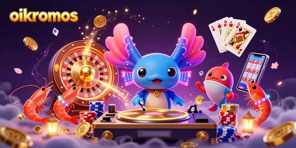 Oikonomos showcases vibrant gaming fun with a neon-colored axolotl DJ amidst dazzling casino elements.