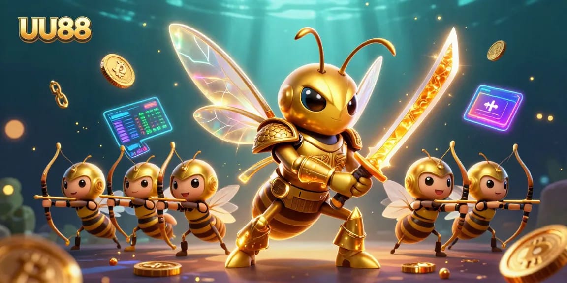 Experience engaging gameplay on UU88 with a vibrant illustration of a golden hornet samurai in action.