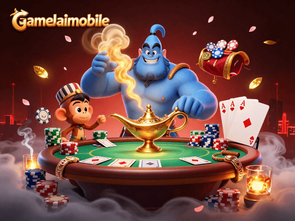 Experience gamebaimobile's vibrant casino atmosphere with a dynamic poker-themed illustration.