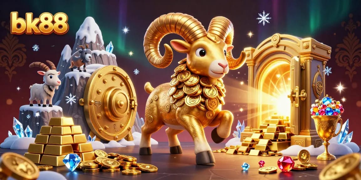 Engage in thrilling gameplay with bk88, a vibrant scene showcasing golden rewards and dynamic ram character.