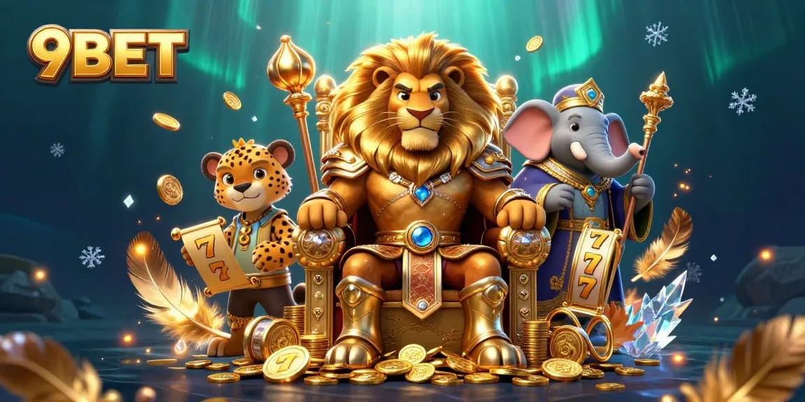 Experience thrilling gameplay with 9BET as the lion king takes center stage in a lively casino scene.