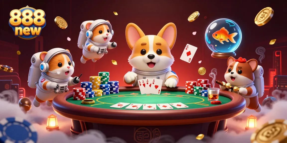 Engage in the thrilling world of casino games with 888 new as a corgi astronaut floats among poker chips.