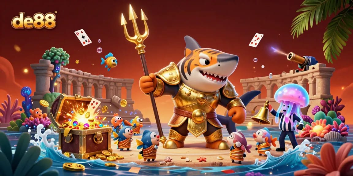 Experience winning with de88 in this vibrant underwater casino scene featuring games and treasures.