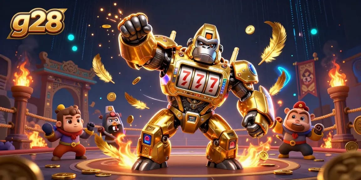 Engage with g28's vibrant immersive casino world featuring a golden gorilla mech amid dynamic gaming elements.