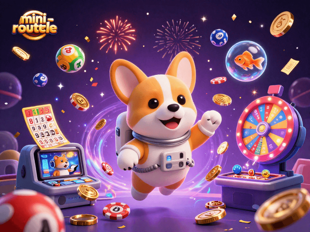 Play exciting mini-roulette while exploring vibrant space with a floating corgi and casino elements.