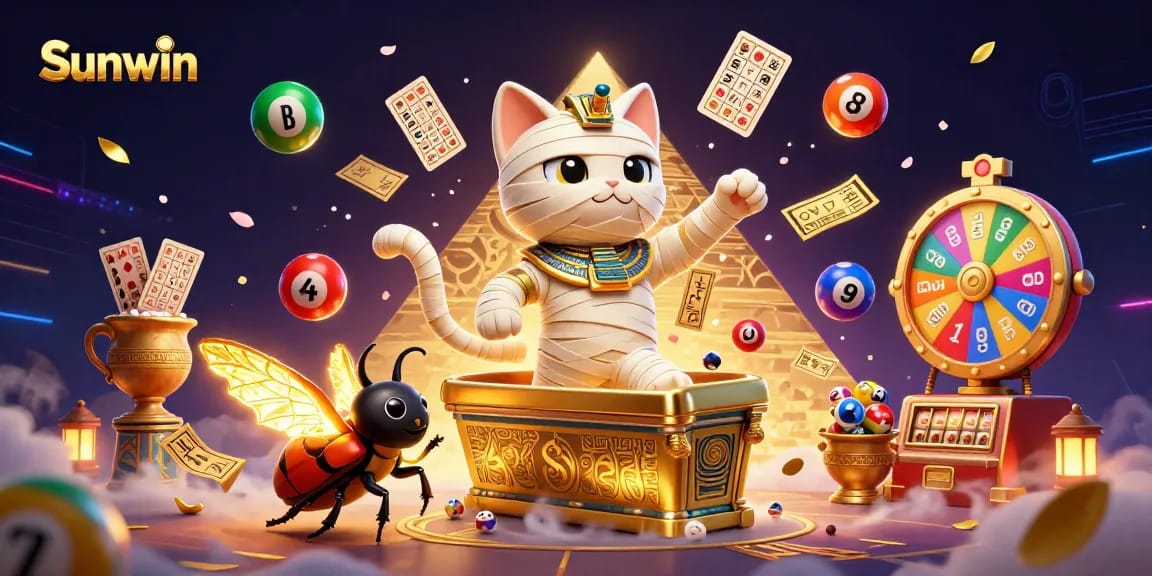 Experience the excitement of Sunwin with the Egyptian mummy cat and vibrant lottery elements.
