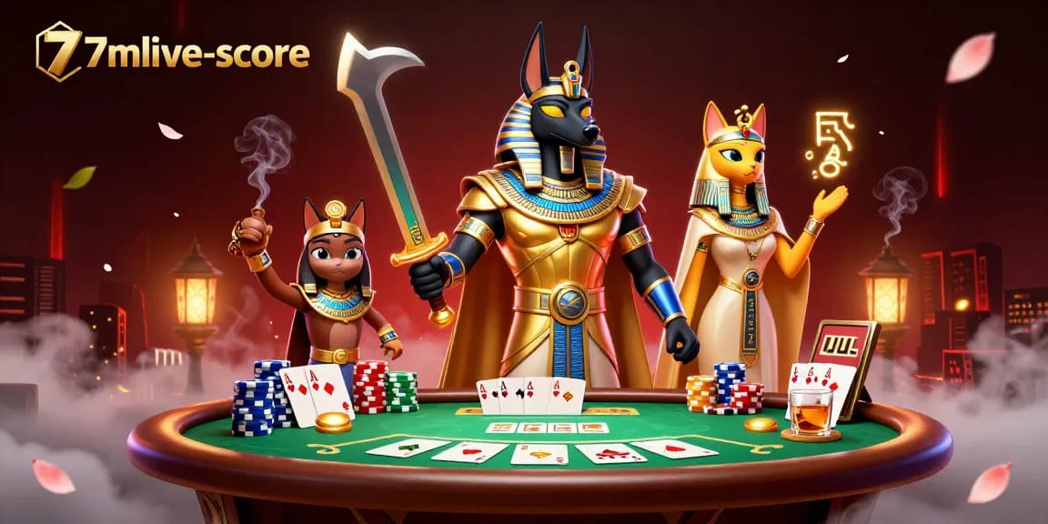 Experience thrilling gameplay with 7mlive-score featuring Anubis and Bastet in a vibrant casino scene.