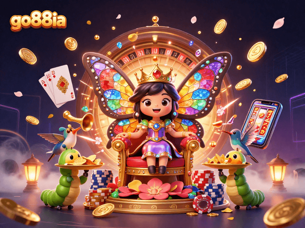 Experience the magic of go88ia with a vibrant and dynamic casino scene featuring a butterfly queen.
