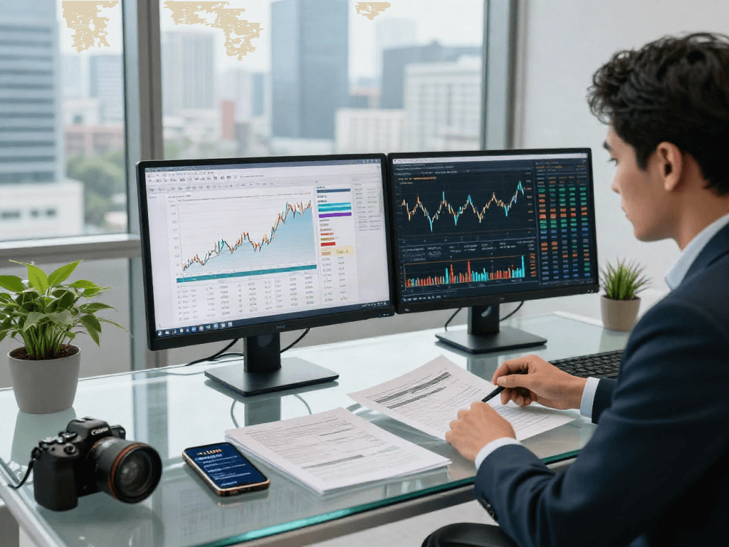 Financial analyst strategizing depo 10k investment in a modern office with market data.