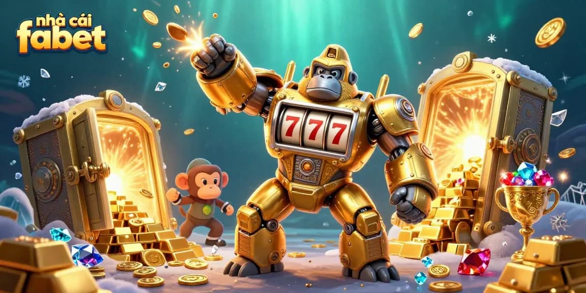 Spin to win at nhà cái fabet with vibrant 3D illustration of colorful gaming elements and golden treasures.